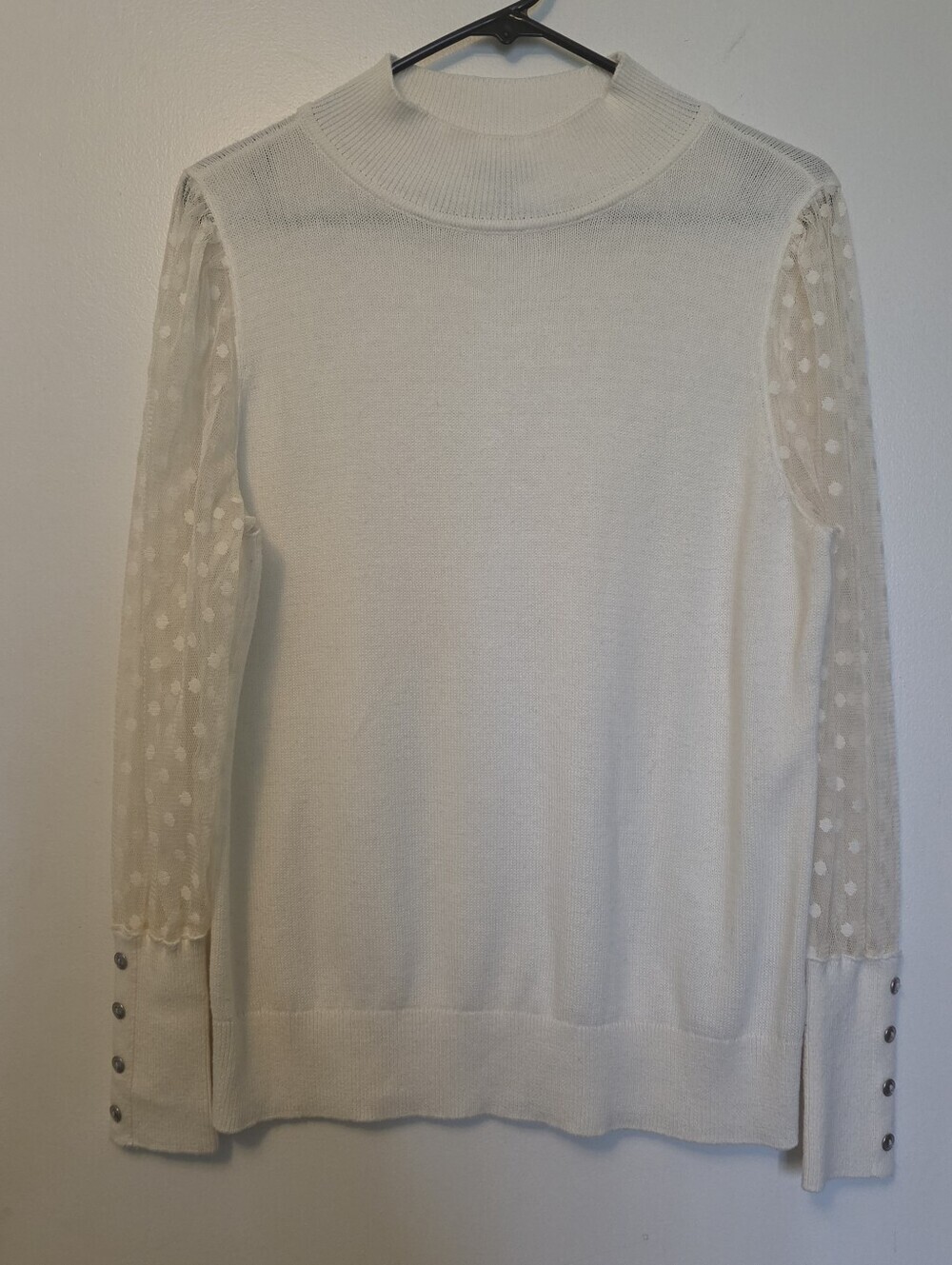 Talbots Sweater LP Ivory Tulle Dot Sleeve Mock Neck Grandmillennial Chic - Picture 2 of 7